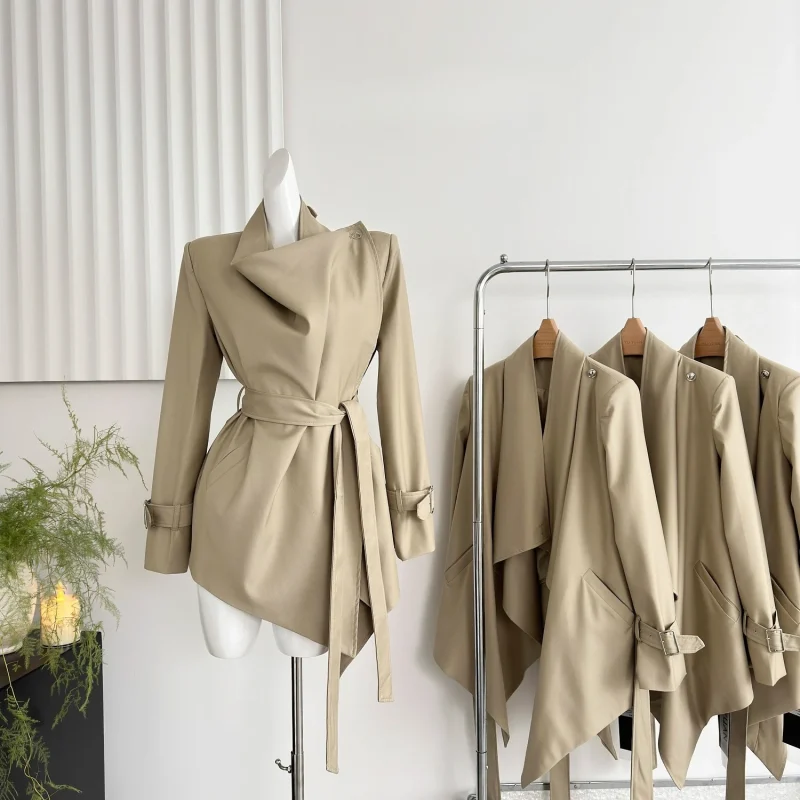 Women's Khaki Trench Coat Vintage Hepburn Style Belted Fall Jacket - Image 6