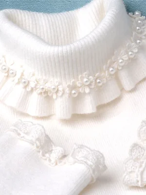 Women's High Neck Lace Trim Knit Sweater Warm Fitted Top