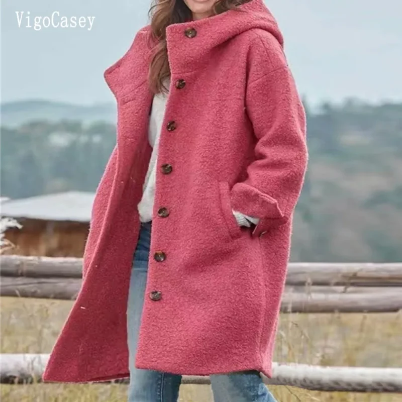 Autumn Winter Hooded Single-Breasted Long Trench Coat for Women