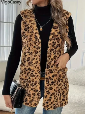 Women Leopard Print Hooded Plush Vest