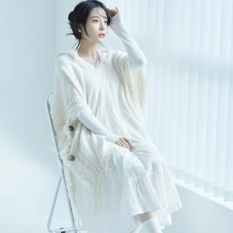 Cream Crochet Hooded Cape Shawl - Image 3