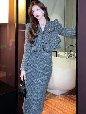 Korean Slim Short Jacket & French Long Skirt Set