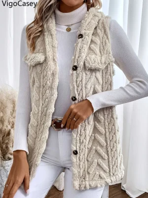 Women Apricot Plush Vest Cozy Hooded Single Breasted Winter Coat