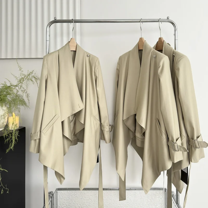 Women's Khaki Trench Coat Vintage Hepburn Style Belted Fall Jacket - Image 5