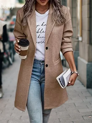 Elegant Khaki Wool Blend Long Blazer Coat for Women