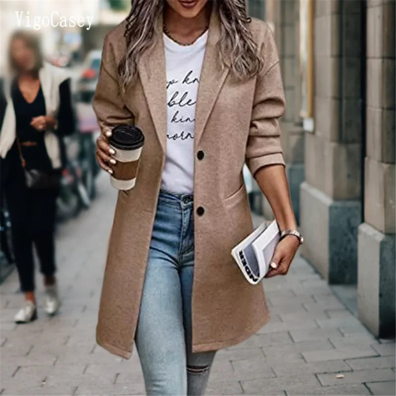 Elegant Khaki Wool Blend Long Blazer Coat for Women