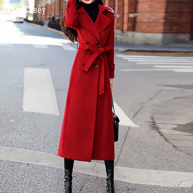 Elegant Red Wool Blend Long Blazer Coat for Women - Image 3
