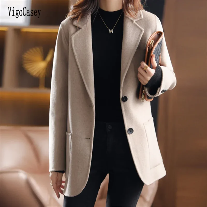 Autumn Winter Khaki Wool Long Blazer Coat - Image 4