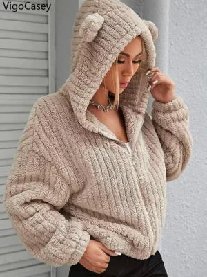 Women's Hooded Plush Zipper Jacket