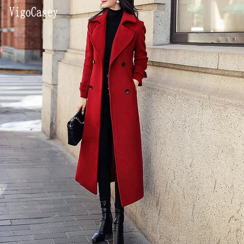 Elegant Red Wool Blend Long Blazer Coat for Women - Image 2