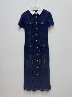 2025 Women’s Navy Lace Trim Midi Dress with Contrast Collar