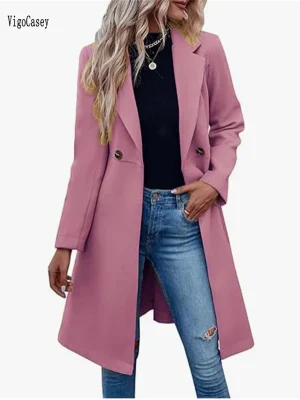 Autumn Winter Pink Wool Long Blazer Coat