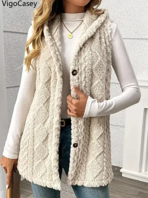 Women Apricot Hooded Plush Vest