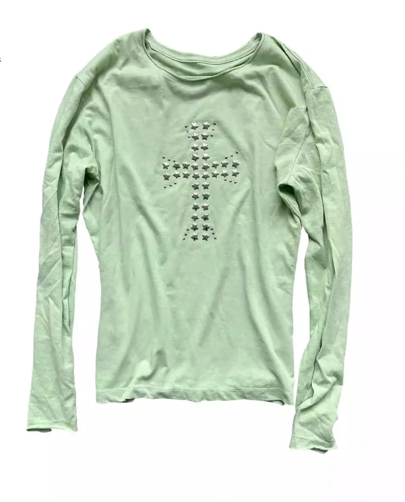 Western Street Style Rhinestone Cross Long Sleeve Top