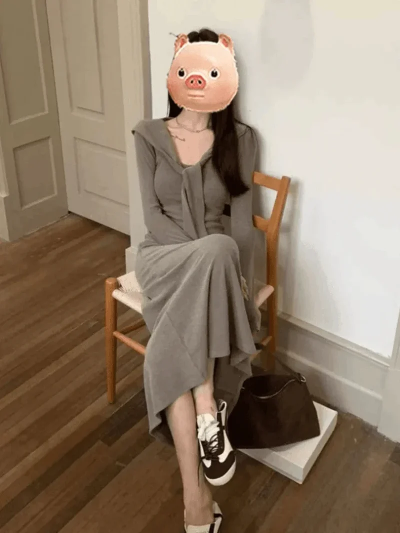 Knit Fake-Two-Piece Shawl Sweater Dress - Image 2