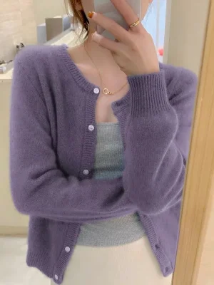 Women's Autumn Knit Cardigan Solid O-Neck Sweater