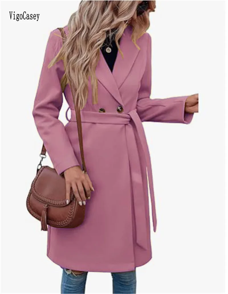 Autumn Winter Pink Wool Long Blazer Coat - Image 2
