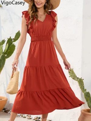 2025 Summer Ruffle V-Neck Sleeveless Maxi Dress