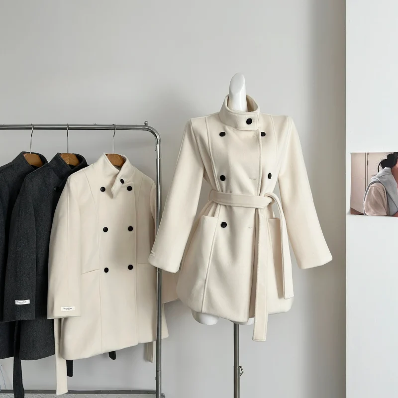 Korean Wool-Blend Lace-Up Coat