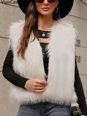 Solid Faux Fur Vest Women Winter