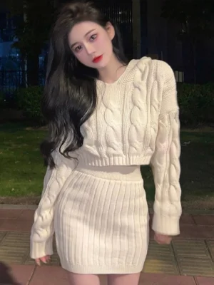 Women's Knit Sweater and Skirt Set Chic Petite Two-Piece Outfit