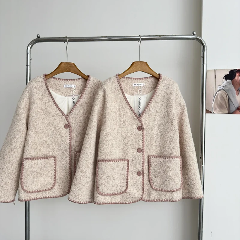 Elegant Wool-Blend V-Neck Coat for Women - Image 3
