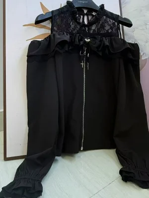 Sweet Black Lace Off-Shoulder Top & Heart Skirt Set