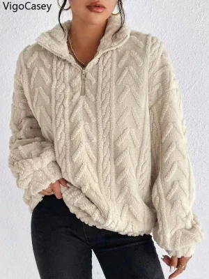 Women's Khaki Plush Zipper Sweatshirt