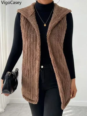 Women Brown Hooded Plush Vest