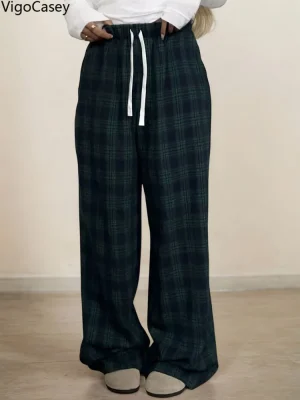 Women Green Plaid Wide Leg Pants