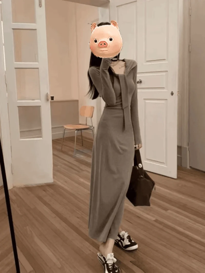 Knit Fake-Two-Piece Shawl Sweater Dress - Image 3