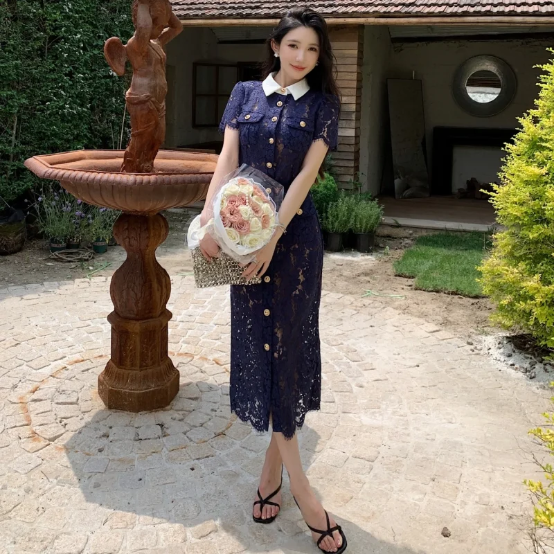 2025 Women’s Navy Lace Trim Midi Dress with Contrast Collar - Image 4