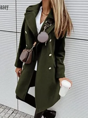 Autumn Winter Green Double Breasted Trench Coat