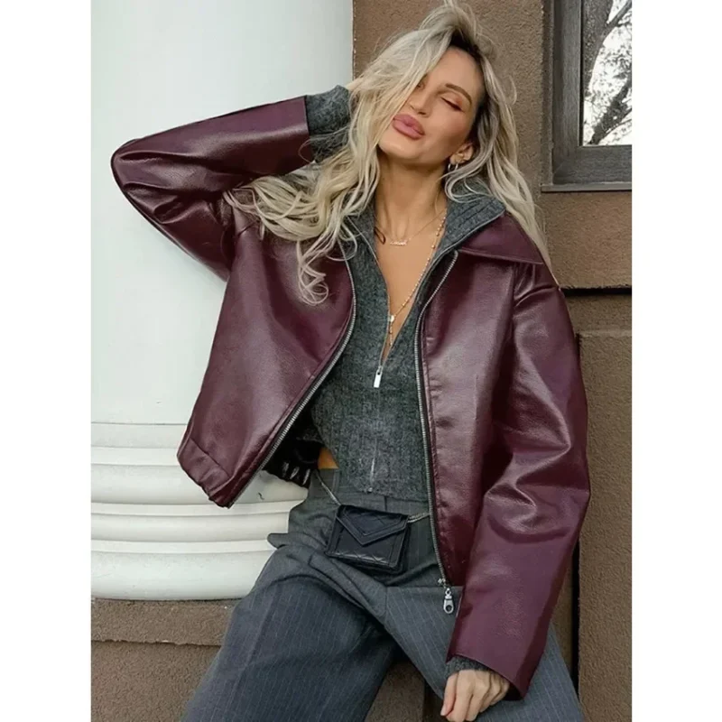 Women’s Red Leather Biker Jacket - Image 4