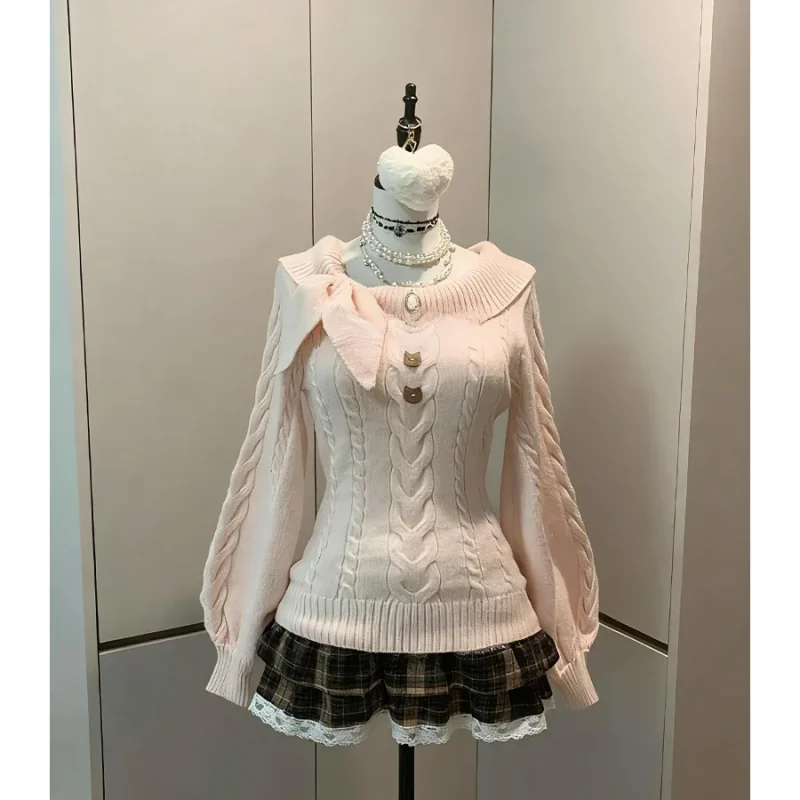 2025 French Cable Knit Sweater with Bow Tie Women - Image 2