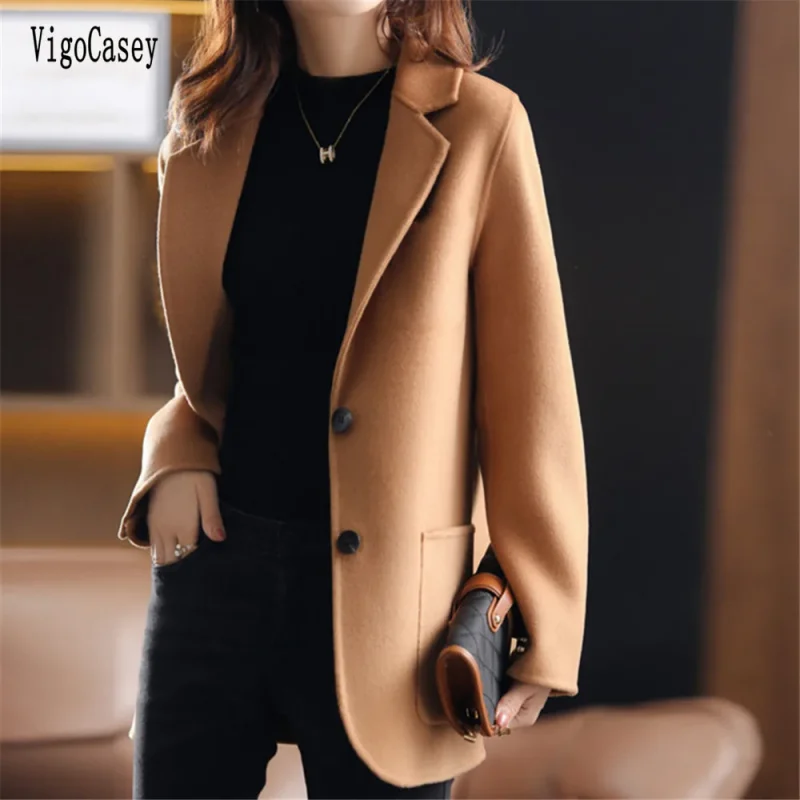 Autumn Winter Khaki Wool Long Blazer Coat - Image 3