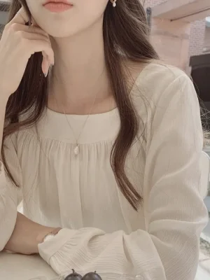 Women's Sweet Retro Chiffon Top Spring Summer Loose Square Collar Blouse