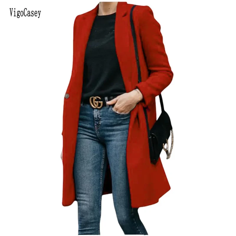 Autumn Winter Red Wool Long Blazer Coat - Image 2