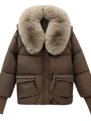 2025 Winter Short Cotton Jacket with Fur Collar Women