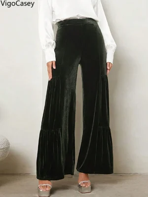 Women Green Velvet Wide Leg Pants