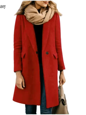 Autumn Winter Red Wool Long Blazer Coat