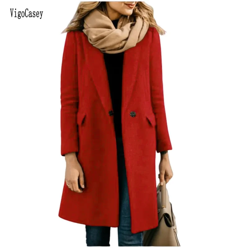 Autumn Winter Red Wool Long Blazer Coat
