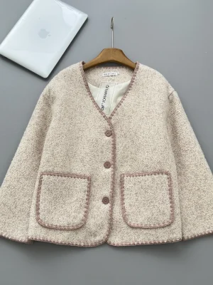 Elegant Wool-Blend V-Neck Coat for Women