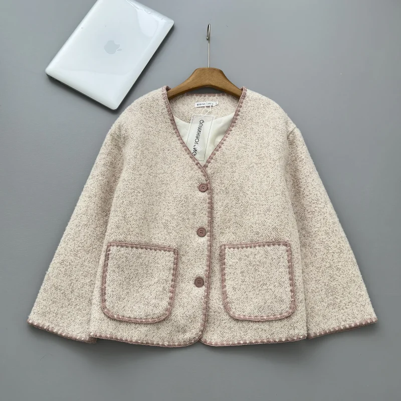 Elegant Wool-Blend V-Neck Coat for Women