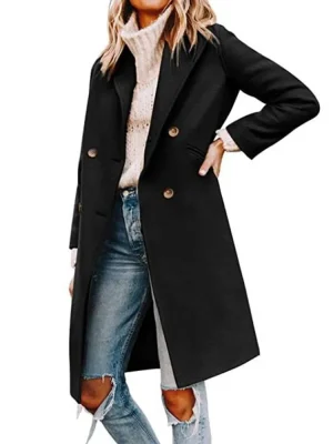 Elegant Black Wool Blend Long Blazer Coat for Women