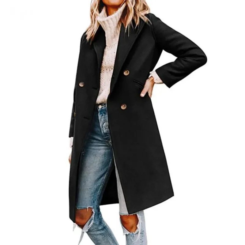 Elegant Black Wool Blend Long Blazer Coat for Women