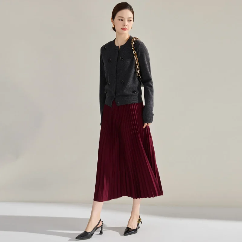 Women's 2025 High Waist Pleated Midi Skirt A-Line Office Wear - Image 3