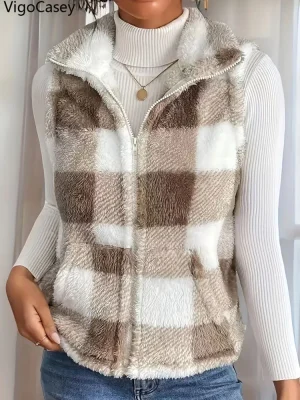 Women’s Plaid Plush Vest Warm Sleeveless Zipper Winter Waistcoat