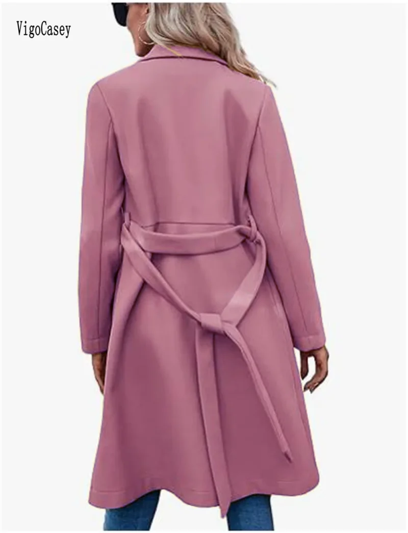 Autumn Winter Pink Wool Long Blazer Coat - Image 3