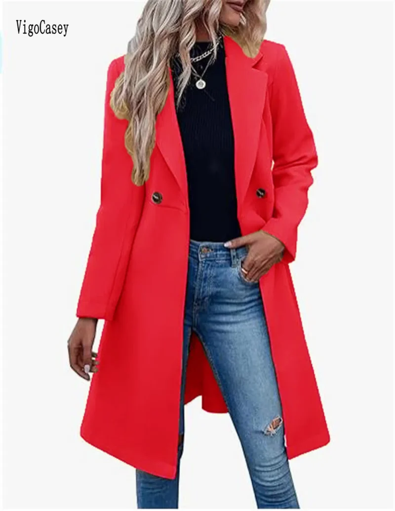 Autumn Winter Pink Wool Long Blazer Coat - Image 4
